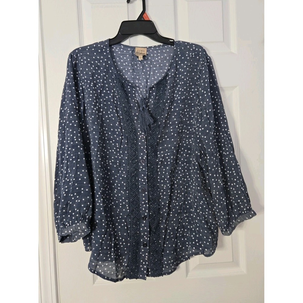 COMO VINTAGE Blouse SZ XL Gray Polka Dots Tie Tassels Button Up 3/4 Sleeve